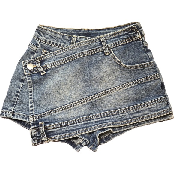 Womens Denim Skort Acid Wash Faux Wrap Mini Skirt Shorts Jean XS - Picture 1 of 6